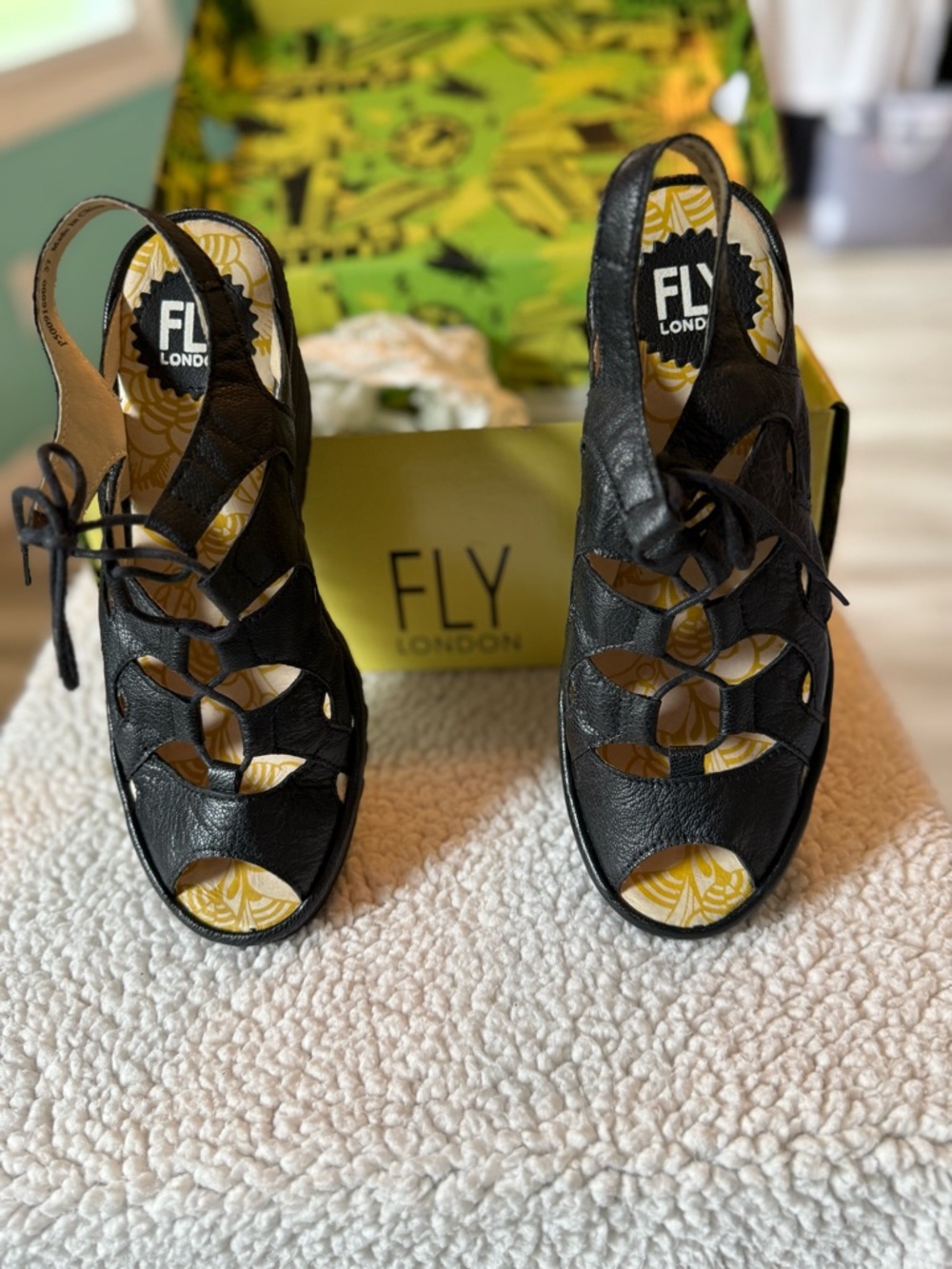 Fly London Black Leather Cutout Lace-Up Slingback Mules